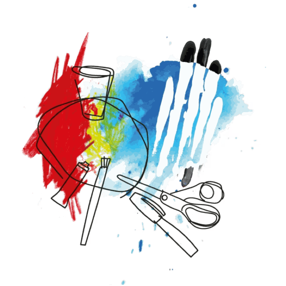Aquarel in rood, geel en blauw met een tekening van een emmer, een penseel en een schaar: alle emoties, licht en donker, mogen gevoeld worden