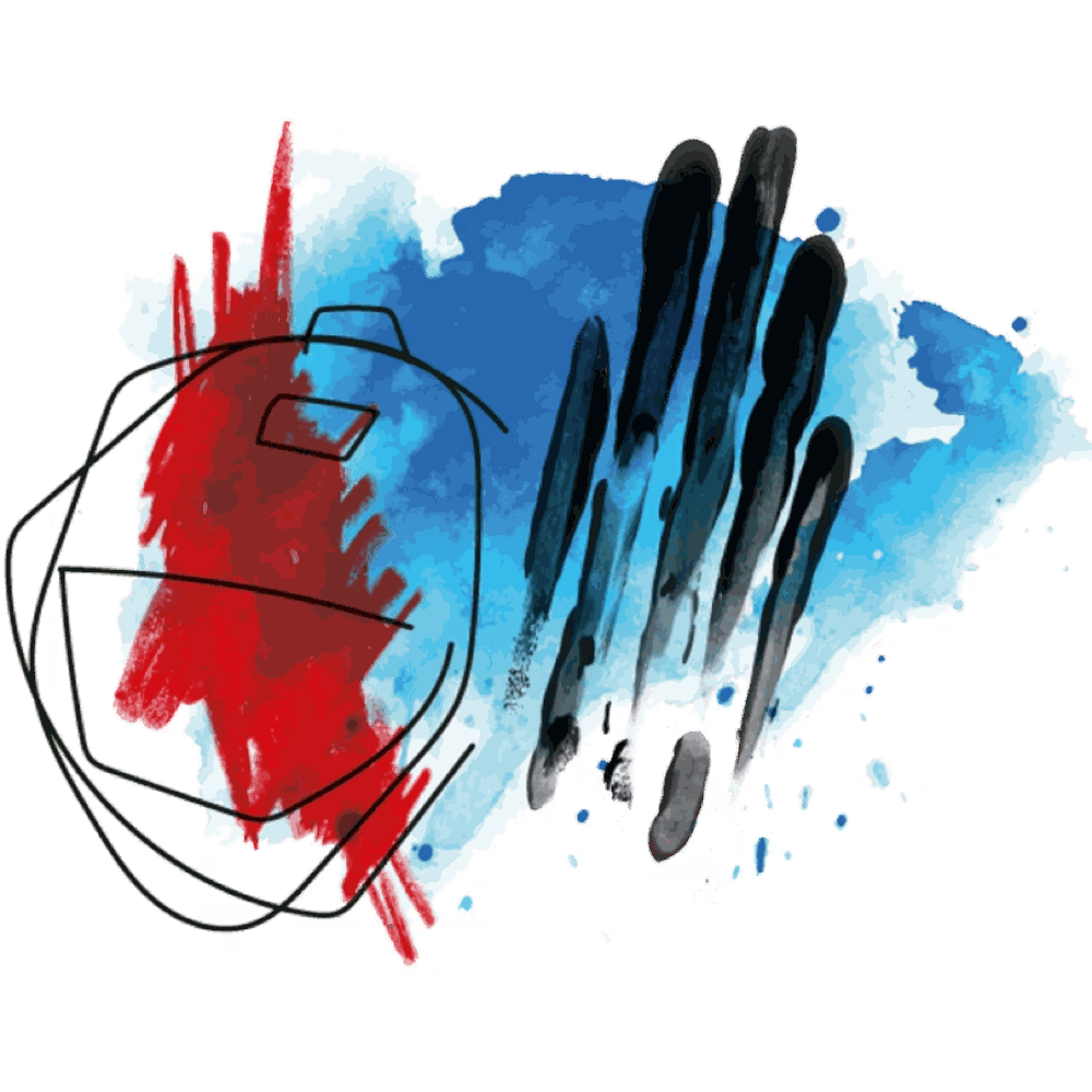 Tekening van een rugzak over een rood-blauwe aquarel: de rugzak vol verlies die je meedraagt