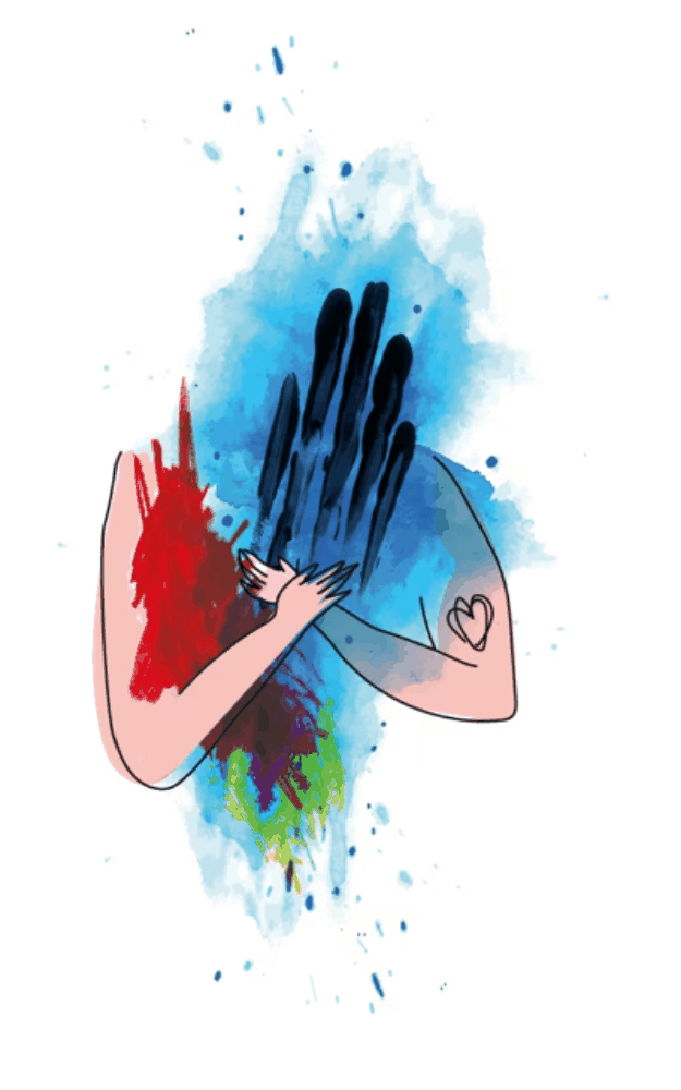 Illustratie van armen die elkaar vasthouden voor een gekleurde aquarel: rouwbegeleiding voor kinderen, jongeren en volwassenen